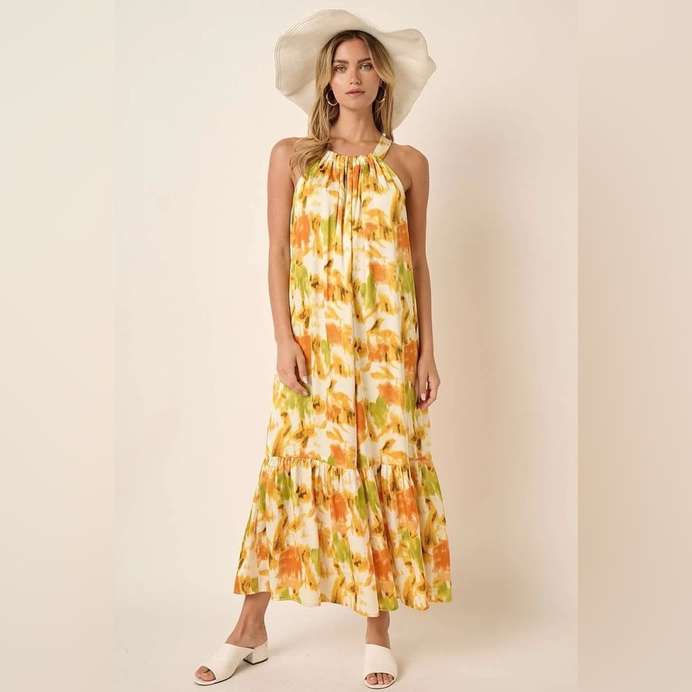 Mittoshop Yellow Orange Ruffled Tiered Halter Maxi Dress